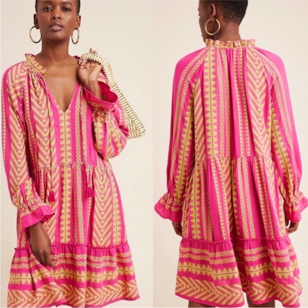 ANTHROPOLOGIE MAEVE Dominique Tiered Tunic Dress Pockets Sz S Boho Pink Yellow